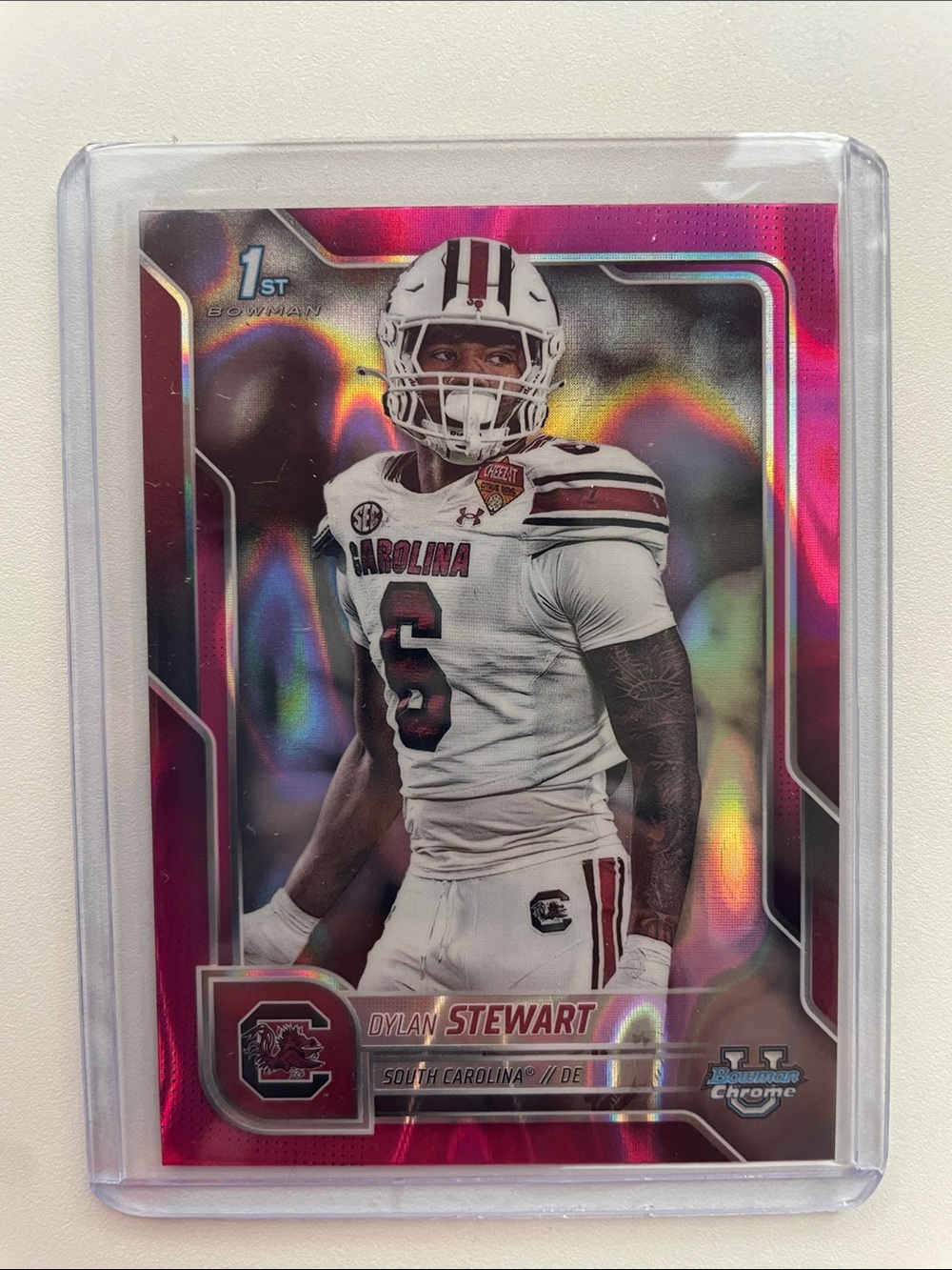 Bowman Chrome Dylan Stewart Pink Lava Football Card